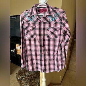Cowgirl Hardware Pink and Black Plaid Snap button Wester Shirt